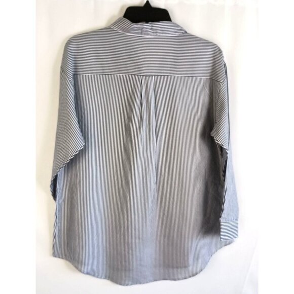 Blue White Stripe Collared Tunic Blouse Long Sleeve Women’s Shirt Casual - Picture 2 of 5